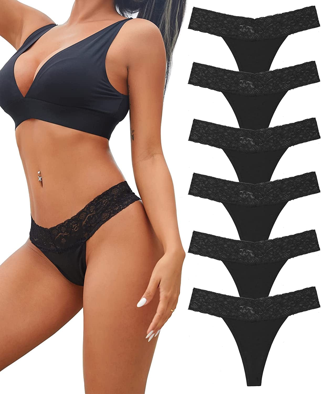 Knowyou 12/6 Pack Cotton Thongs for Women Sexy V-Waist Lace Women’S Underwear Breathable No Show T-Back Tanga Panties 6 Pack A2 Black*6 / Large