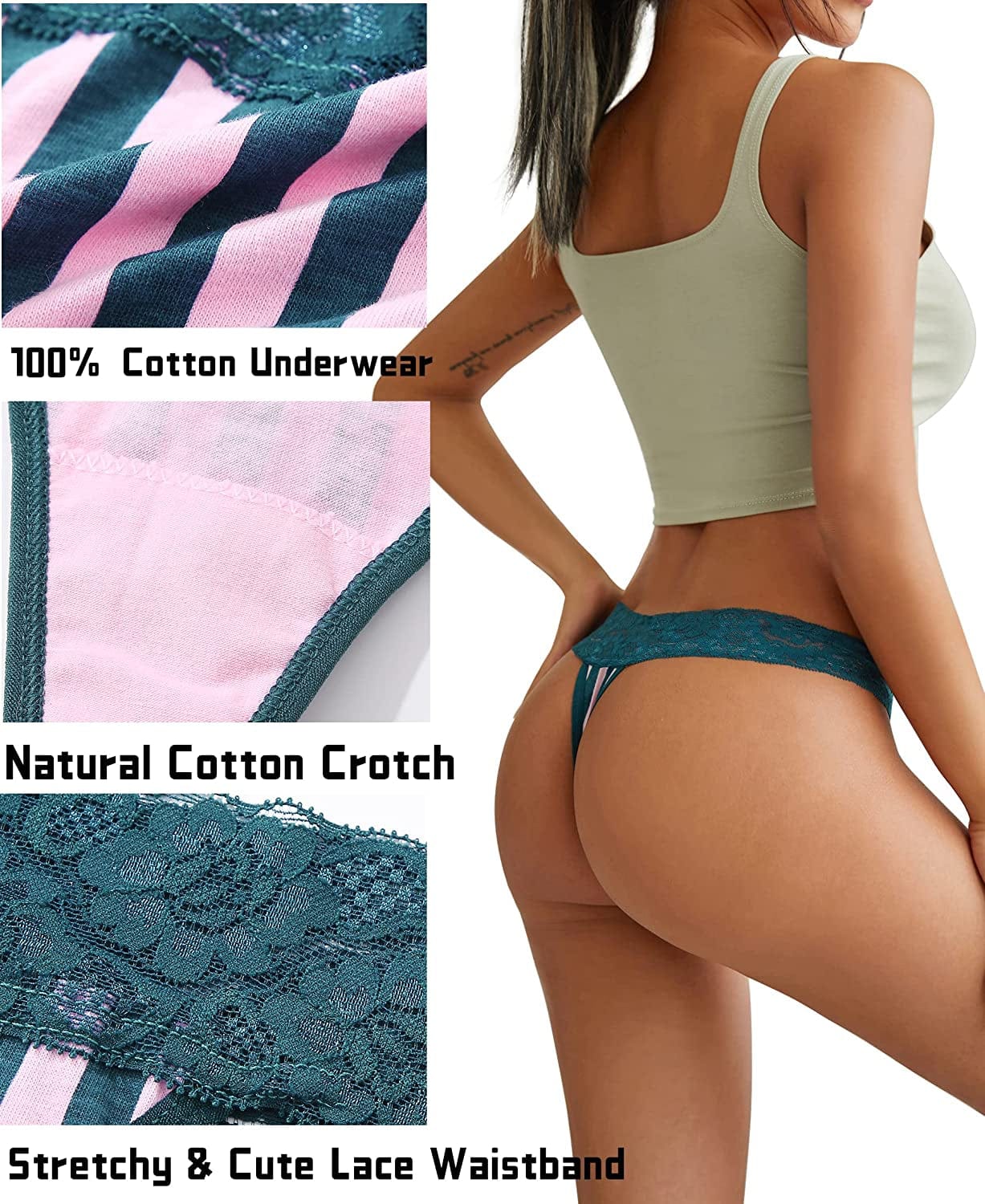 Knowyou 12/6 Pack Cotton Thongs for Women Sexy V-Waist Lace Women’S Underwear Breathable No Show T-Back Tanga Panties