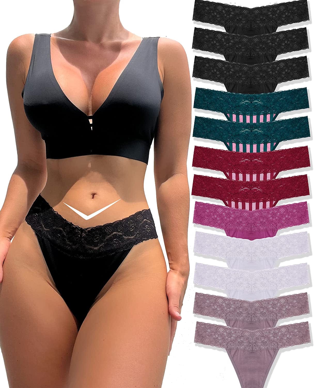 Knowyou 12/6 Pack Cotton Thongs for Women Sexy V-Waist Lace Women’S Underwear Breathable No Show T-Back Tanga Panties 12 Pack a (Black*3 Green*2 Red*2 White*2 Khaki*2 Rose Red*1) / Large