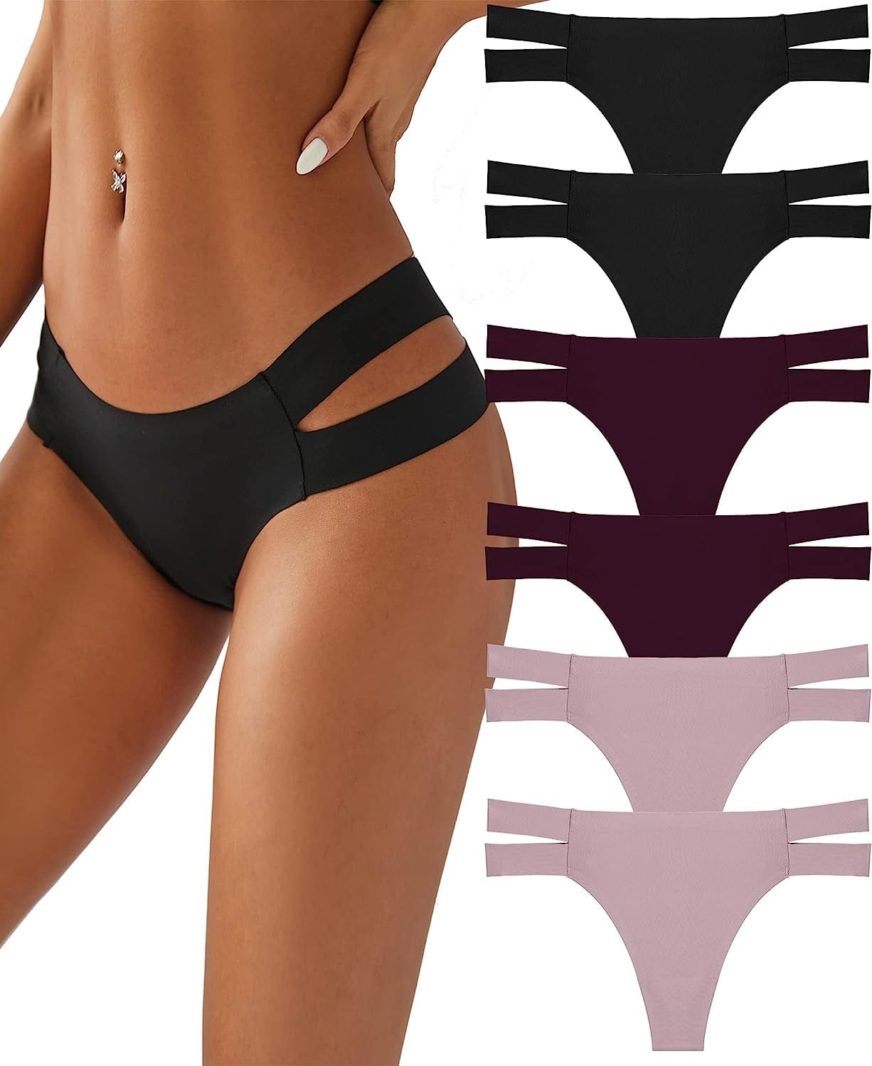 Knowyou 6 Pack Seamless Thongs for Women Sexy No Show Breathable Underwear Stretch Straps T-Back Tangas Panties for Ladies C 6pack Thong (Black*2 Wine*2 Khaki*2 ) / X-Large
