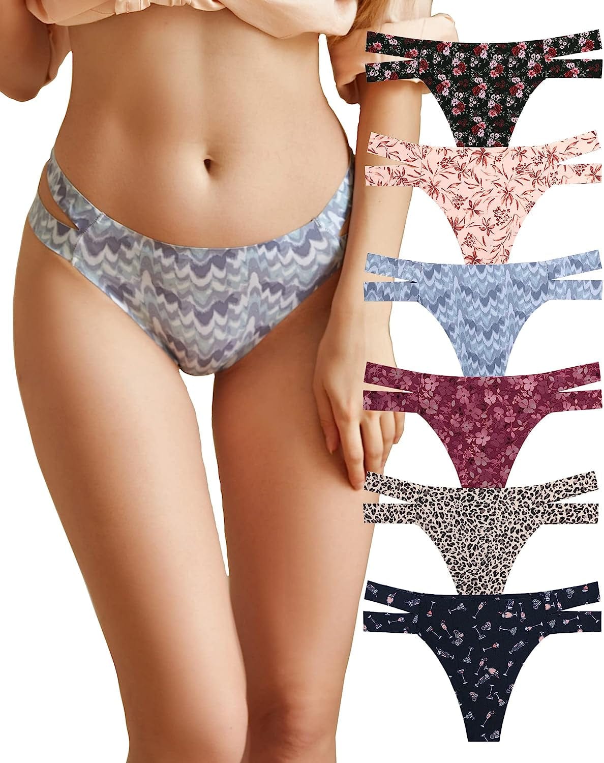 Knowyou 6 Pack Seamless Thongs for Women Sexy No Show Breathable Underwear Stretch Straps T-Back Tangas Panties for Ladies J 6pack ( Floral*6) / Medium
