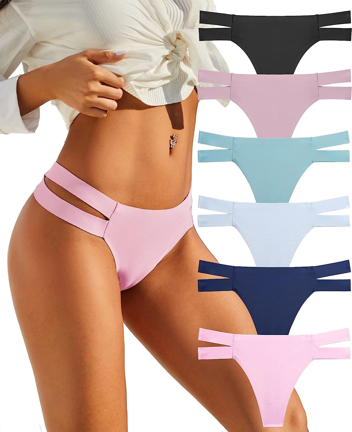 Knowyou 6 Pack Seamless Thongs for Women Sexy No Show Breathable Underwear Stretch Straps T-Back Tangas Panties for Ladies K 6pack (Black*1 Blue*1 Khaki*1 Pink*1 Green*1 Navy*1) / Small