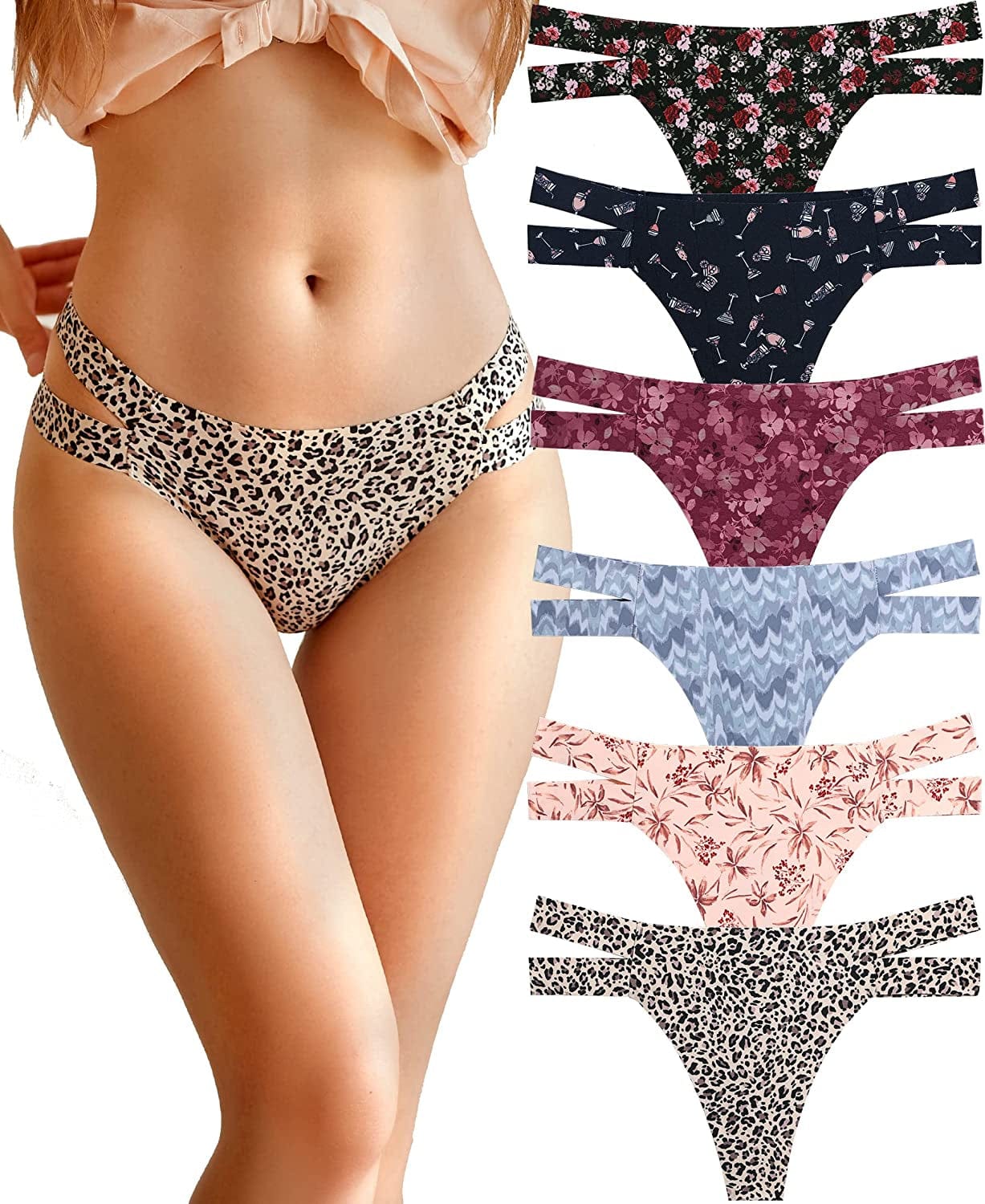 Knowyou 6 Pack Seamless Thongs for Women Sexy No Show Breathable Underwear Stretch Straps T-Back Tangas Panties for Ladies D 6pack Thong ( Floral*6 ) / Large