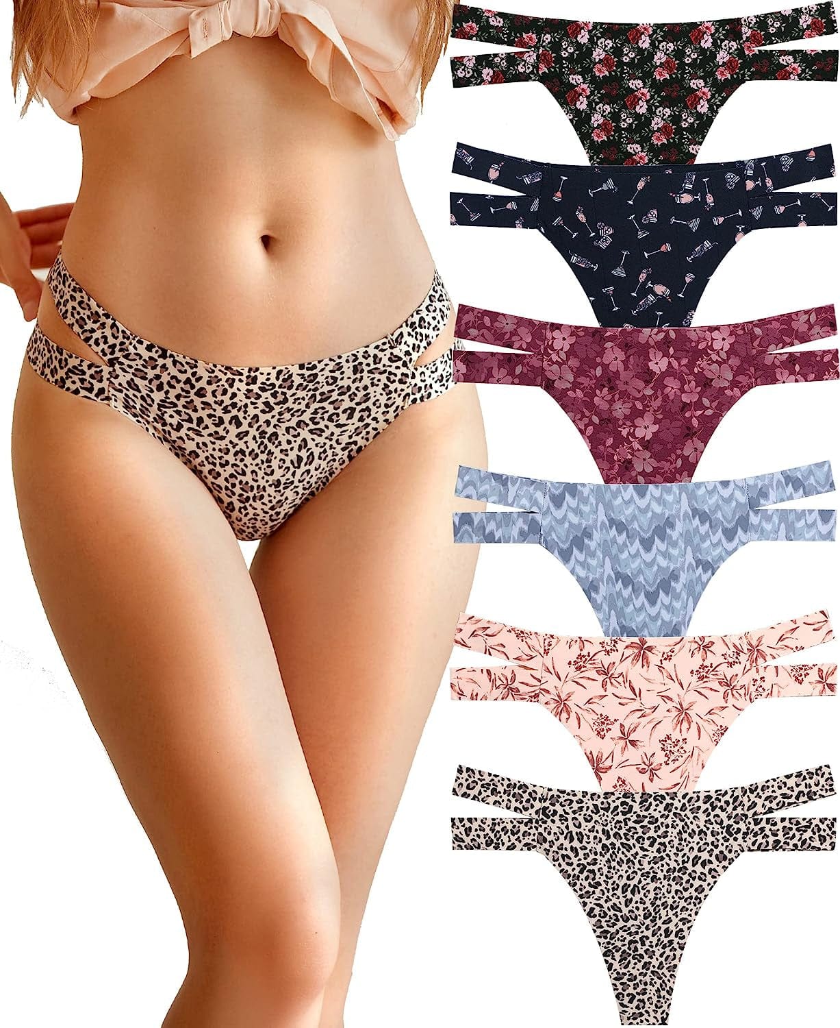 Knowyou 6 Pack Seamless Thongs for Women Sexy No Show Breathable Underwear Stretch Straps T-Back Tangas Panties for Ladies D 6pack Thong ( Floral*6 ) / Small