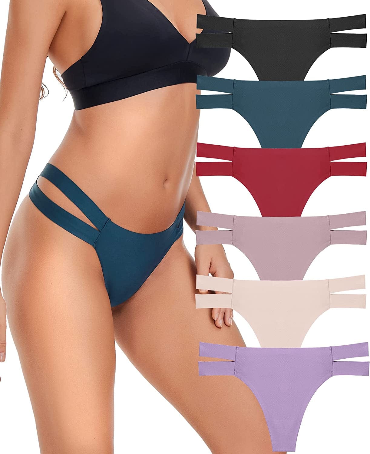 Knowyou 6 Pack Seamless Thongs for Women Sexy No Show Breathable Underwear Stretch Straps T-Back Tangas Panties for Ladies B 6pack Thong (Black*1 Red*1 Green*1 Khaki*1 Purple*1 Beige*1) / Small
