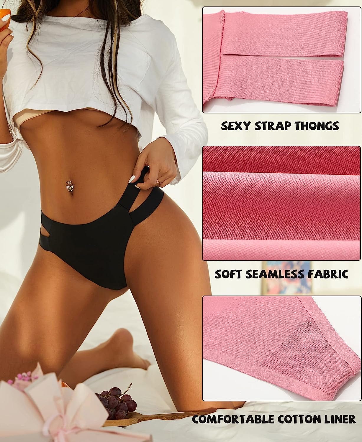 Knowyou 6 Pack Seamless Thongs for Women Sexy No Show Breathable Underwear Stretch Straps T-Back Tangas Panties for Ladies
