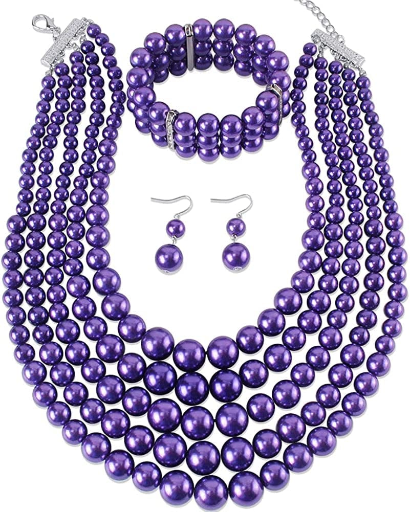 KOSMOS-LI Large Multi Layer Pearl Strand Costume Jewelry Sets Purple