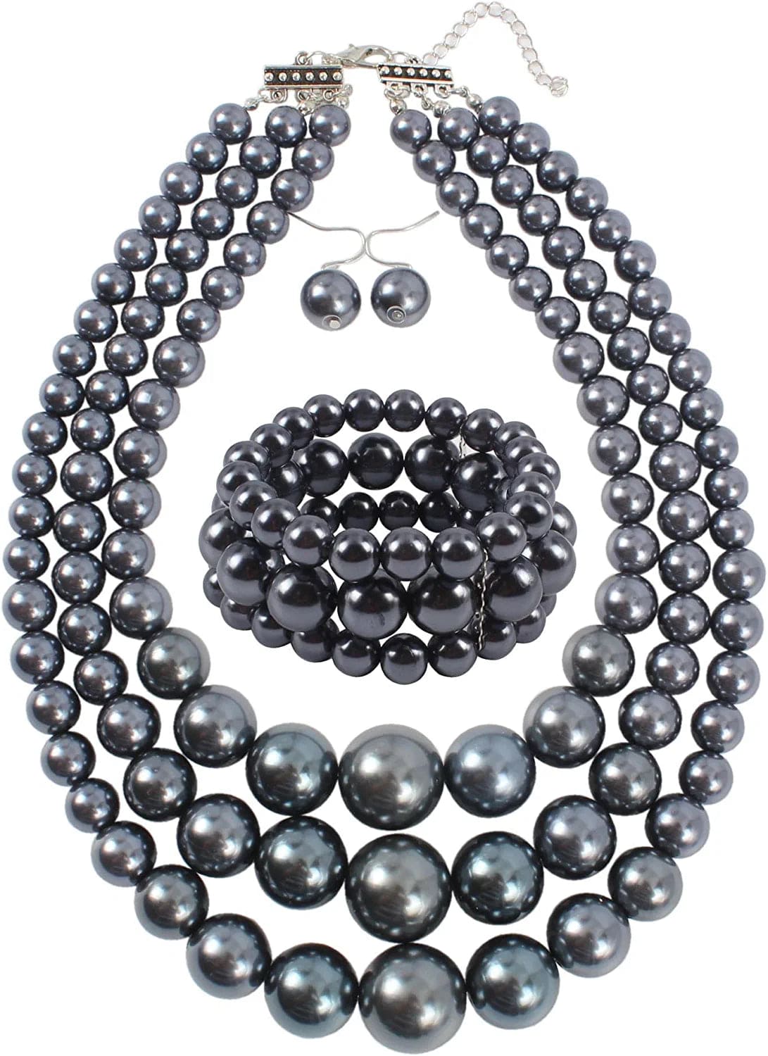 KOSMOS-LI Women'S 3 Layer Simulated Pearl Statement 18" Necklace Bracelet and Earrings Jewelry Set grey