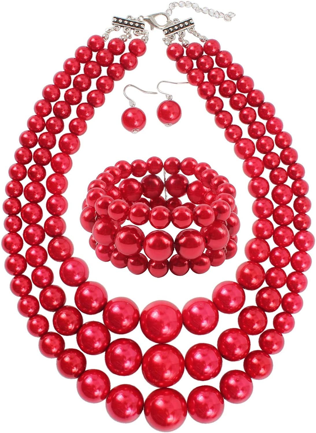 KOSMOS-LI Women'S 3 Layer Simulated Pearl Statement 18" Necklace Bracelet and Earrings Jewelry Set red