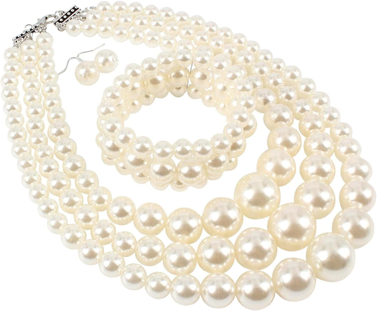 KOSMOS-LI Women'S 3 Layer Simulated Pearl Statement 18" Necklace Bracelet and Earrings Jewelry Set