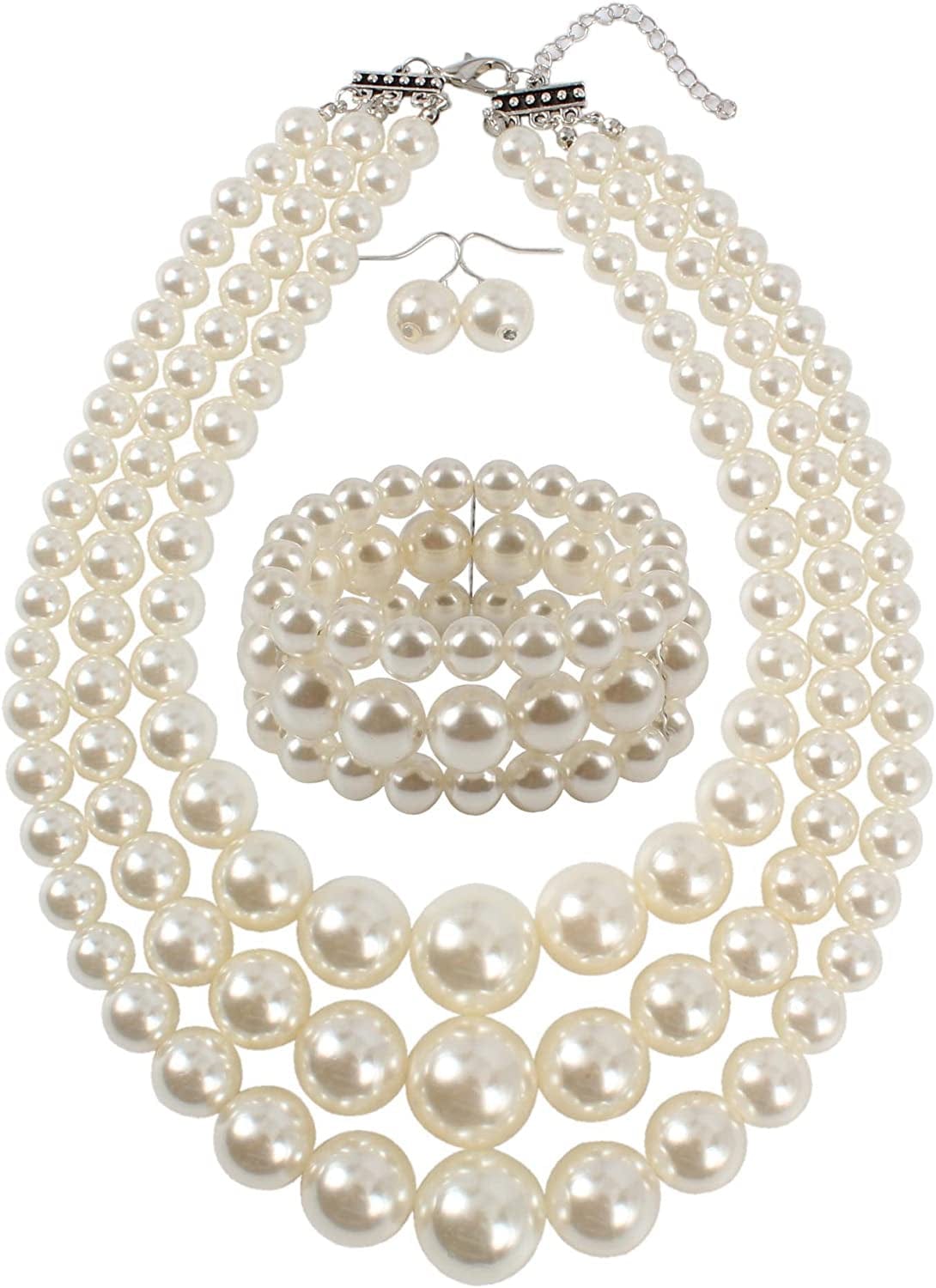 KOSMOS-LI Women'S 3 Layer Simulated Pearl Statement 18" Necklace Bracelet and Earrings Jewelry Set ivory