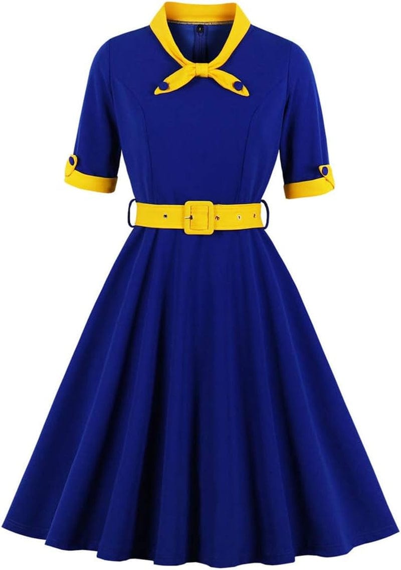 KUFEIUP Women'S Vintage Bowtie Dress Waist Belt Patchwork Dress Blueyellow / Xx-Large Plus