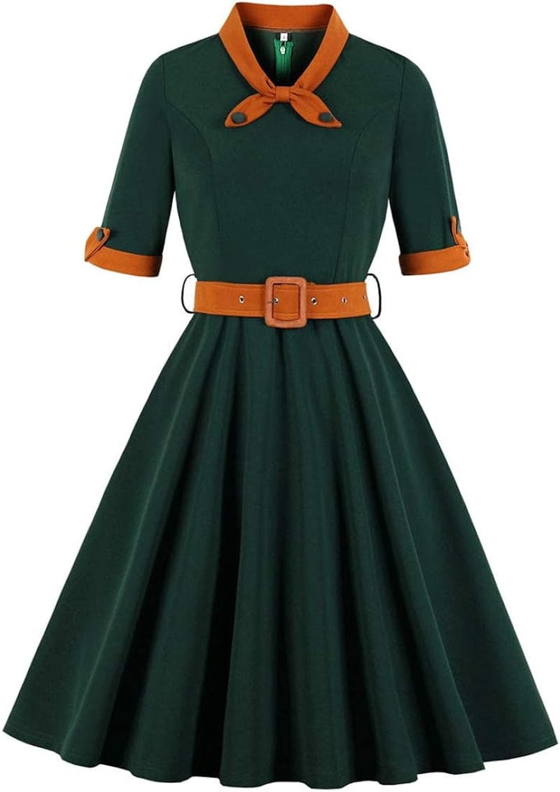 KUFEIUP Women'S Vintage Bowtie Dress Waist Belt Patchwork Dress Green / Xx-Large