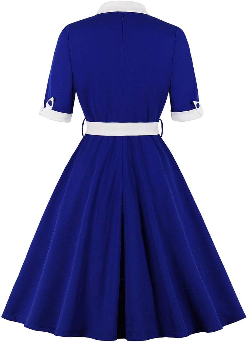 KUFEIUP Women'S Vintage Bowtie Dress Waist Belt Patchwork Dress