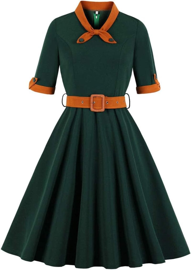 KUFEIUP Women'S Vintage Bowtie Dress Waist Belt Patchwork Dress Green / Medium