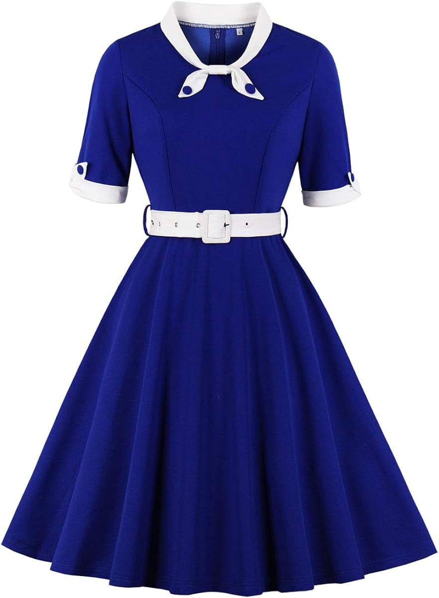 KUFEIUP Women'S Vintage Bowtie Dress Waist Belt Patchwork Dress Bluewhite / Small