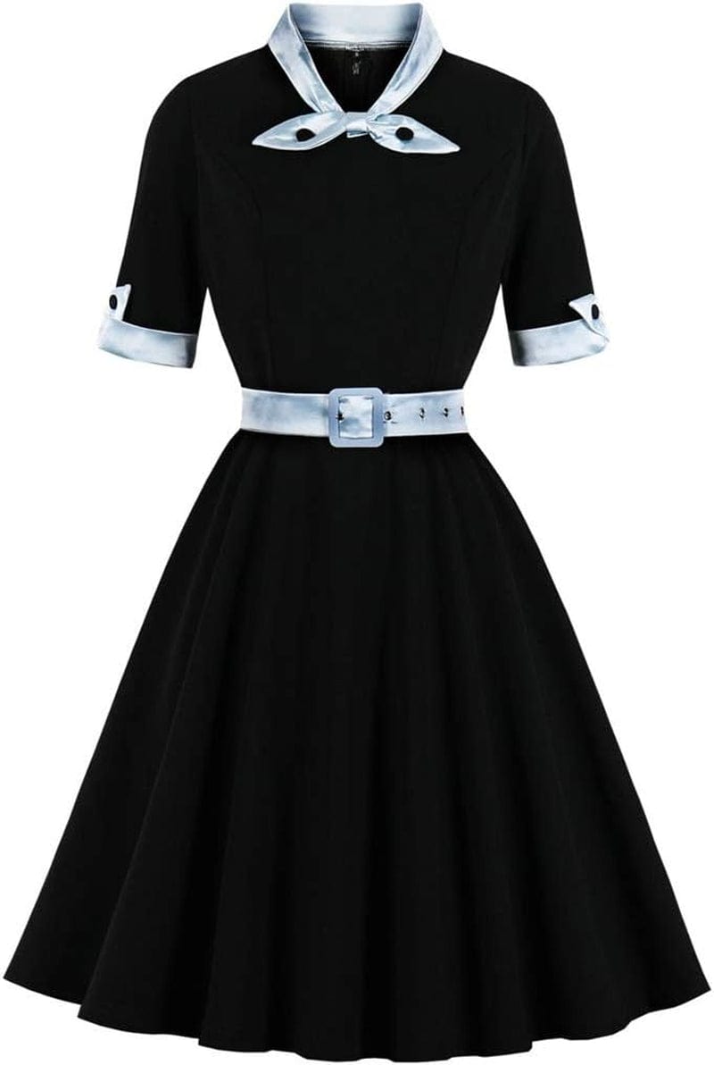 KUFEIUP Women'S Vintage Bowtie Dress Waist Belt Patchwork Dress Black / Small