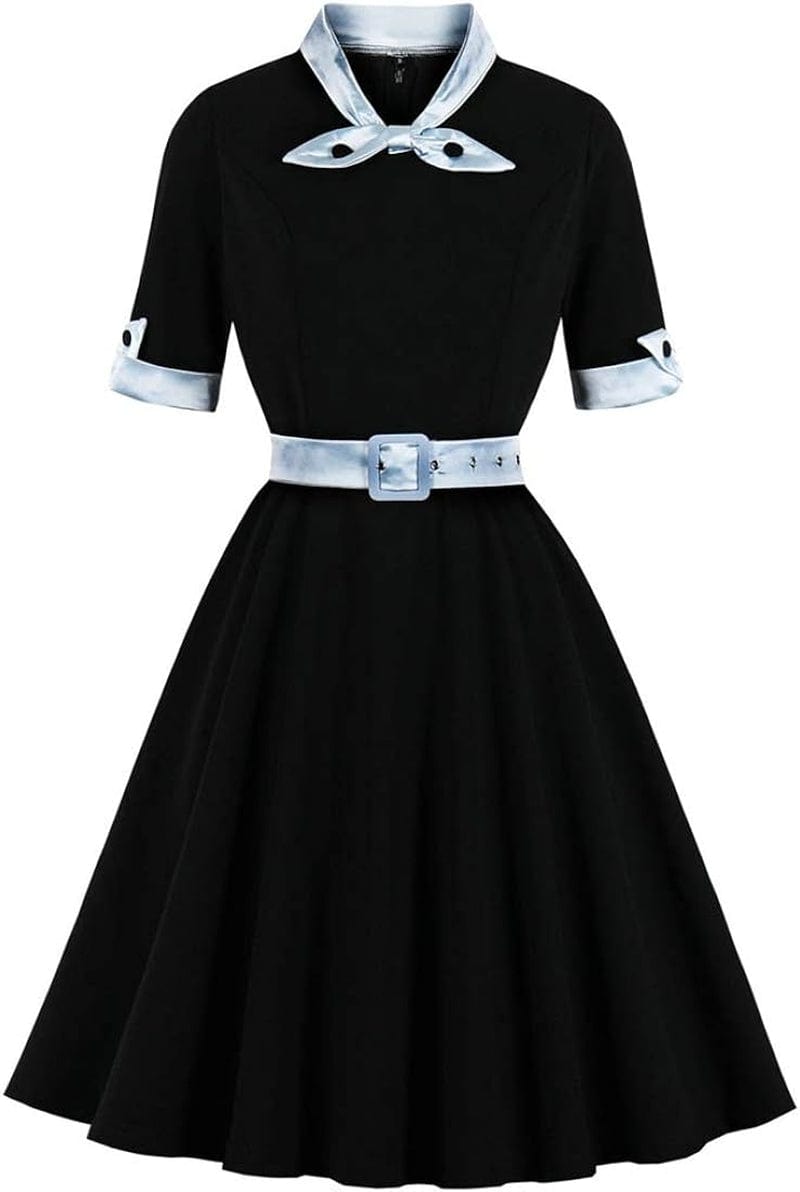 KUFEIUP Women'S Vintage Bowtie Dress Waist Belt Patchwork Dress Black / Large