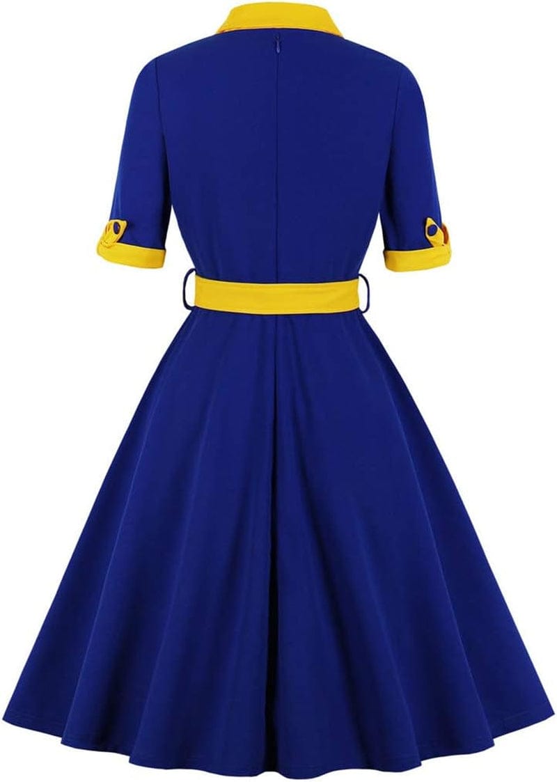 KUFEIUP Women'S Vintage Bowtie Dress Waist Belt Patchwork Dress