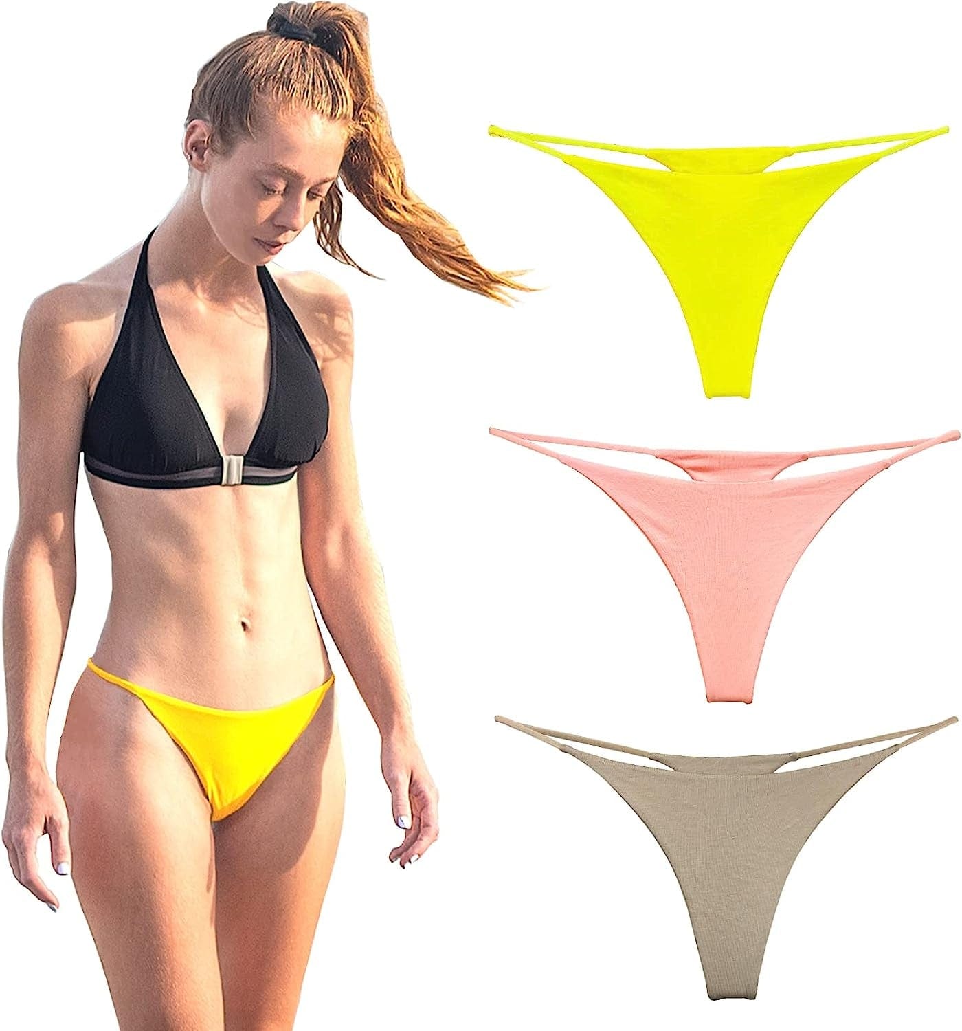 KUKU PANDA Cotton Thongs for Women Sexy Seamless Woman G String Panties 3 Pack Set Orange Pink/Yellow/Caramel / Medium