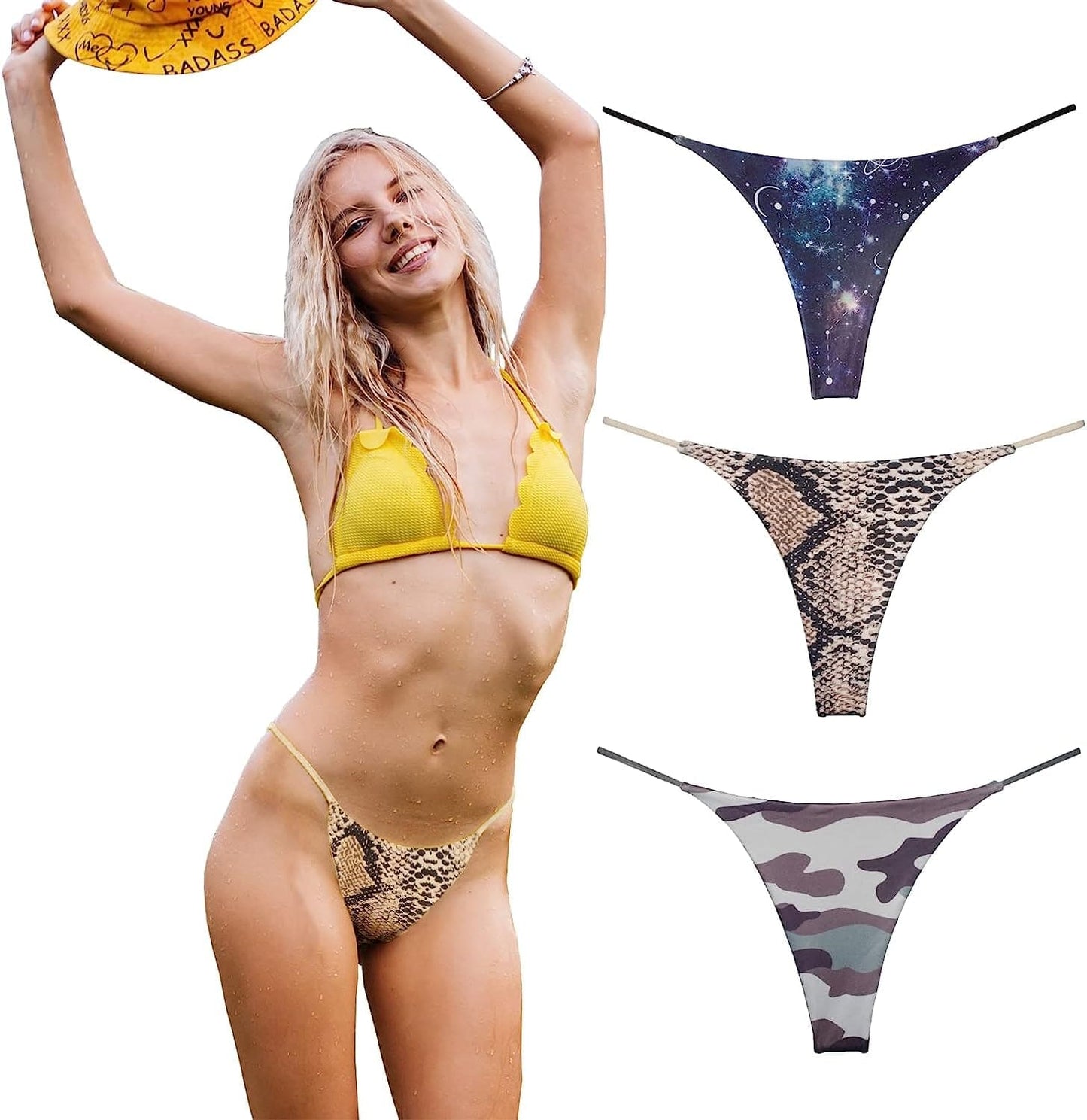 KUKU PANDA Cotton Thongs for Women Sexy Seamless Woman G String Panties 3 Pack Set Galaxy Snake Camouflage / Medium