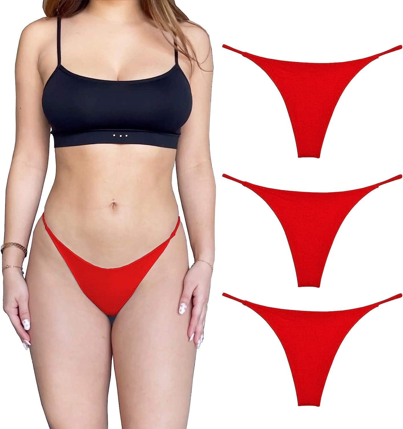 KUKU PANDA Cotton Thongs for Women Sexy Seamless Woman G String Panties 3 Pack Set Red / Medium