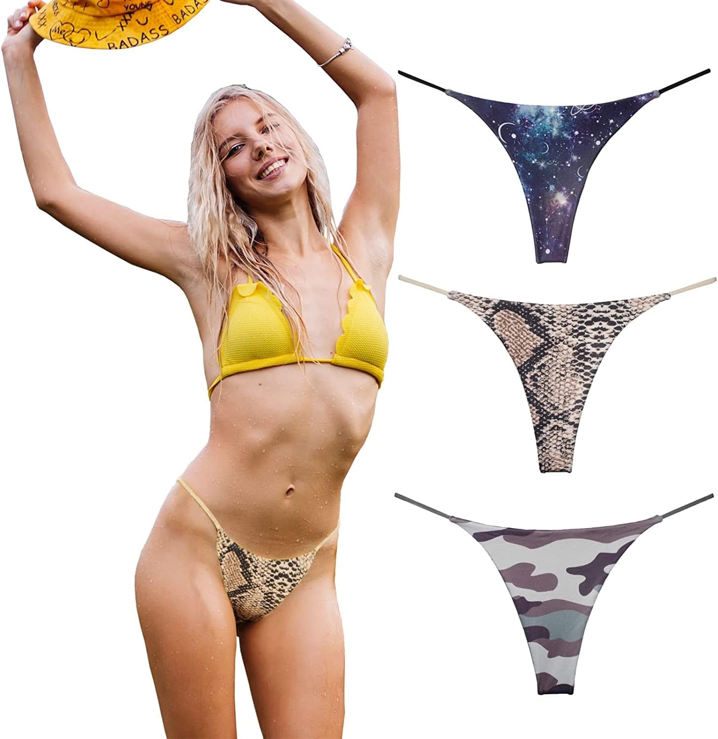 KUKU PANDA Cotton Thongs for Women Sexy Seamless Woman G String Panties 3 Pack Set Galaxy Snake Camouflage / X-Large