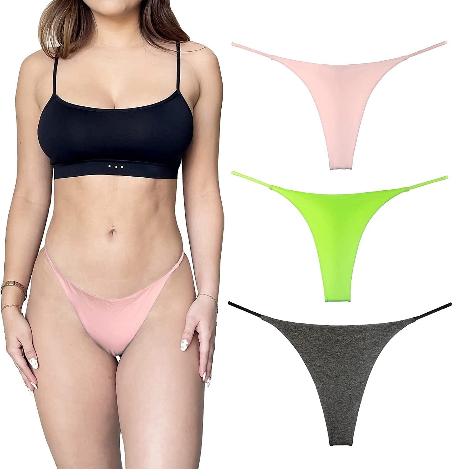 KUKU PANDA Cotton Thongs for Women Sexy Seamless Woman G String Panties 3 Pack Set Pink Green Grey / Medium