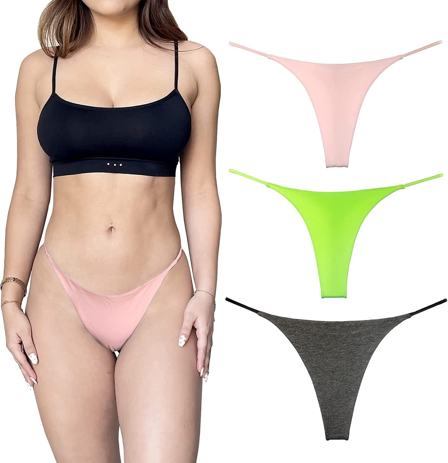 KUKU PANDA Cotton Thongs for Women Sexy Seamless Woman G String Panties 3 Pack Set Pink Green Grey / Medium