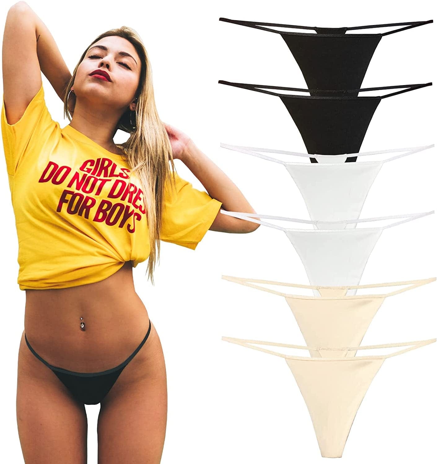 KUKU PANDA G String Thongs for Women Stretchy Cotton Panties Sexy Tangas Underwear 6 Pack Set Black White Beige / Medium