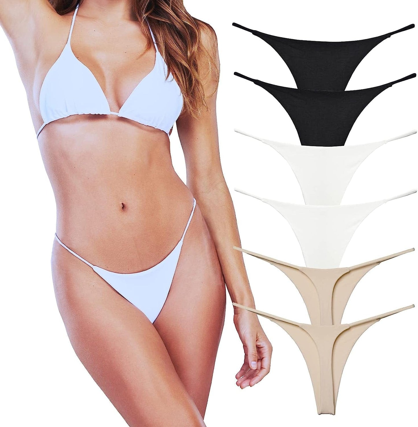 KUKU PANDA Sexy G String Thongs for Women Stretchy Cotton Panties Ladies No Show Underwear 6 Pack Set Black/White/Beige / X-Small
