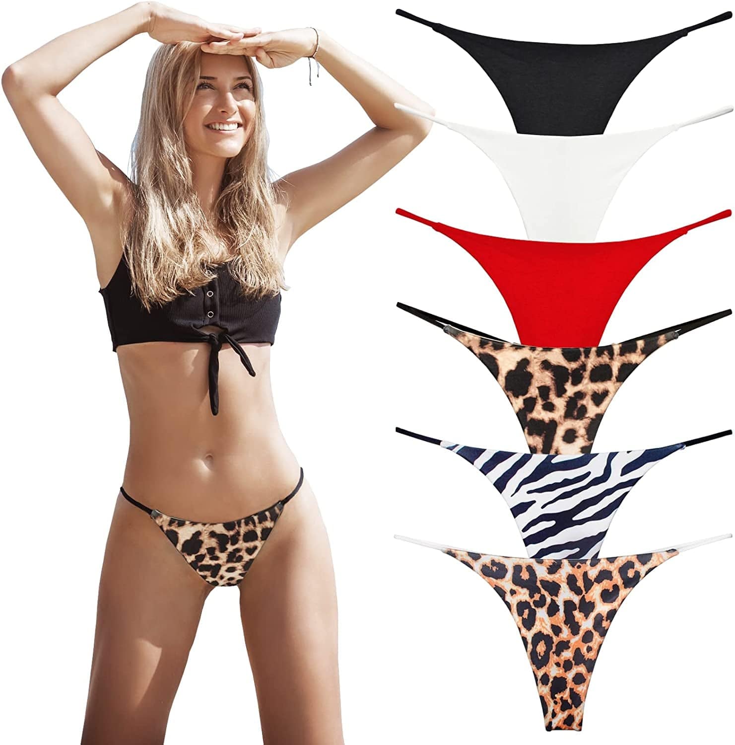 KUKU PANDA Sexy G String Thongs for Women Stretchy Cotton Panties Ladies No Show Underwear 6 Pack Set B/W/R/Leopard / Medium
