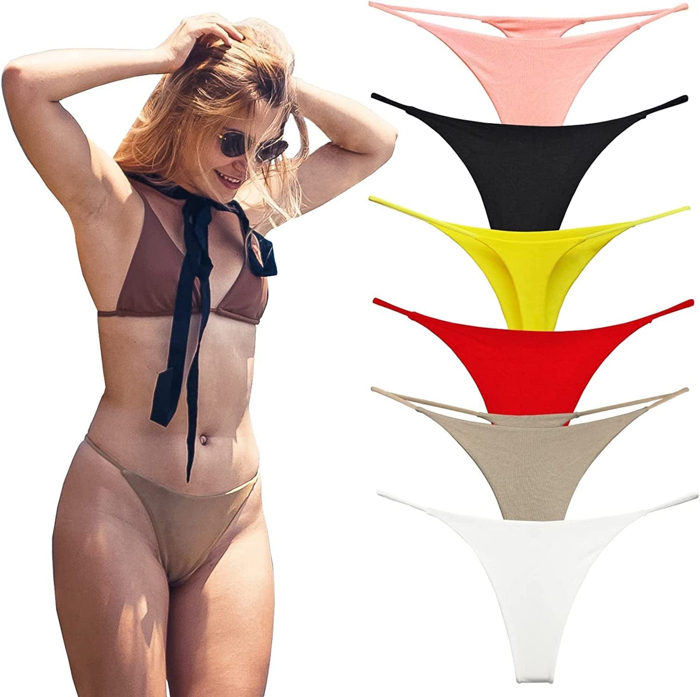 KUKU PANDA Sexy G String Thongs for Women Stretchy Cotton Panties Ladies No Show Underwear 6 Pack Set B/W/R/Y/O/C / Small