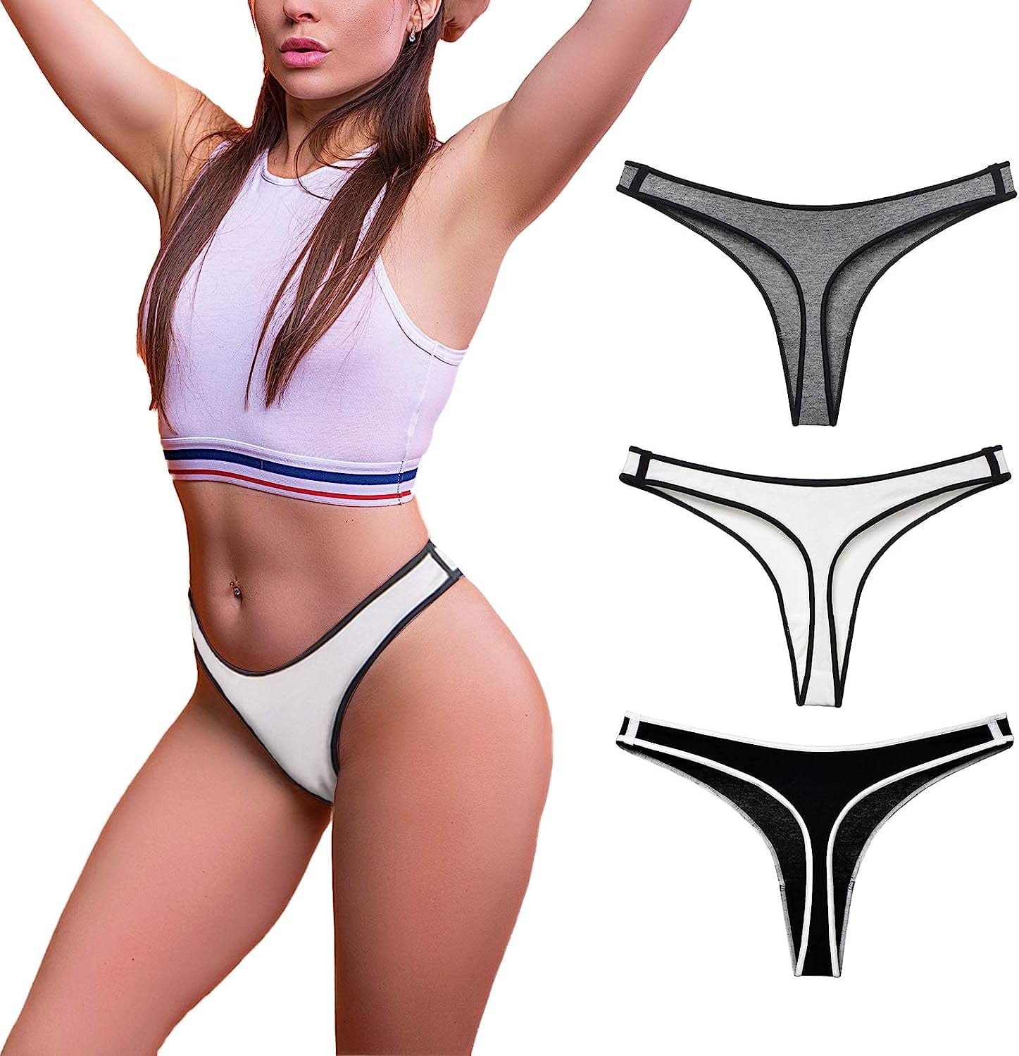 KUKU PANDA Womens Cotton Thongs Underwear Breathable No Show Cheeky Panties Tangas Sexy for Everyday Workout 3 Pack Set Black Gray White / Medium