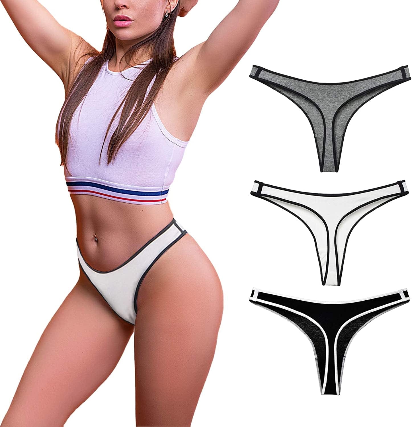 KUKU PANDA Womens Cotton Thongs Underwear Breathable No Show Cheeky Panties Tangas Sexy for Everyday Workout 3 Pack Set Black Gray White / X-Small