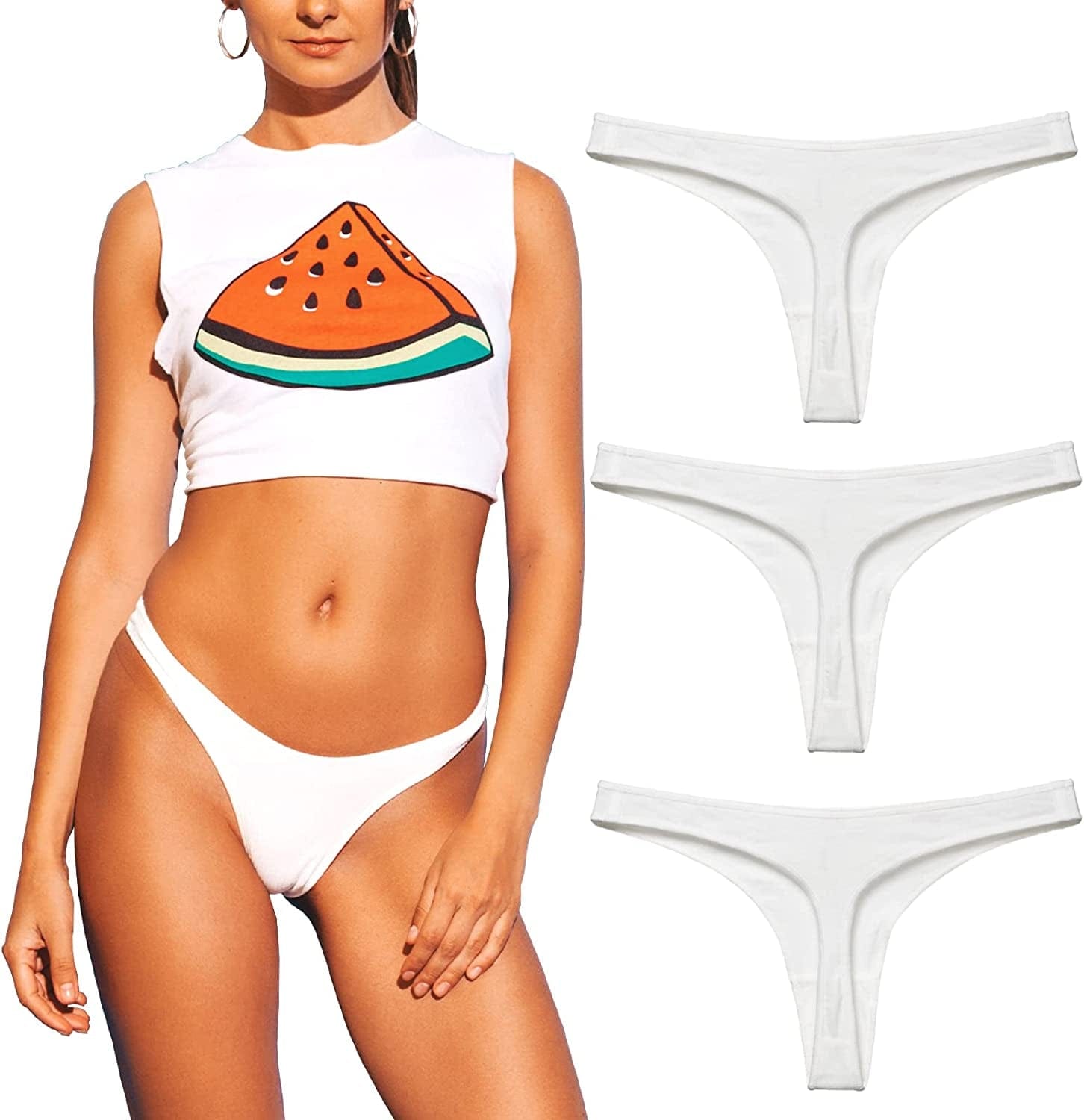 KUKU PANDA Womens Cotton Thongs Underwear Breathable No Show Cheeky Panties Tangas Sexy for Everyday Workout 3 Pack Set White / X-Small