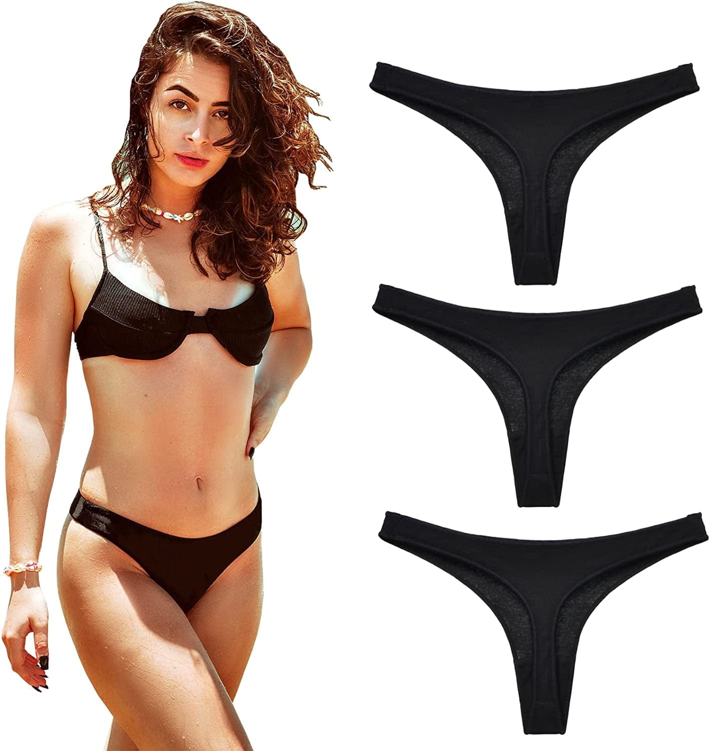 KUKU PANDA Womens Cotton Thongs Underwear Breathable No Show Cheeky Panties Tangas Sexy for Everyday Workout 3 Pack Set Black / X-Small