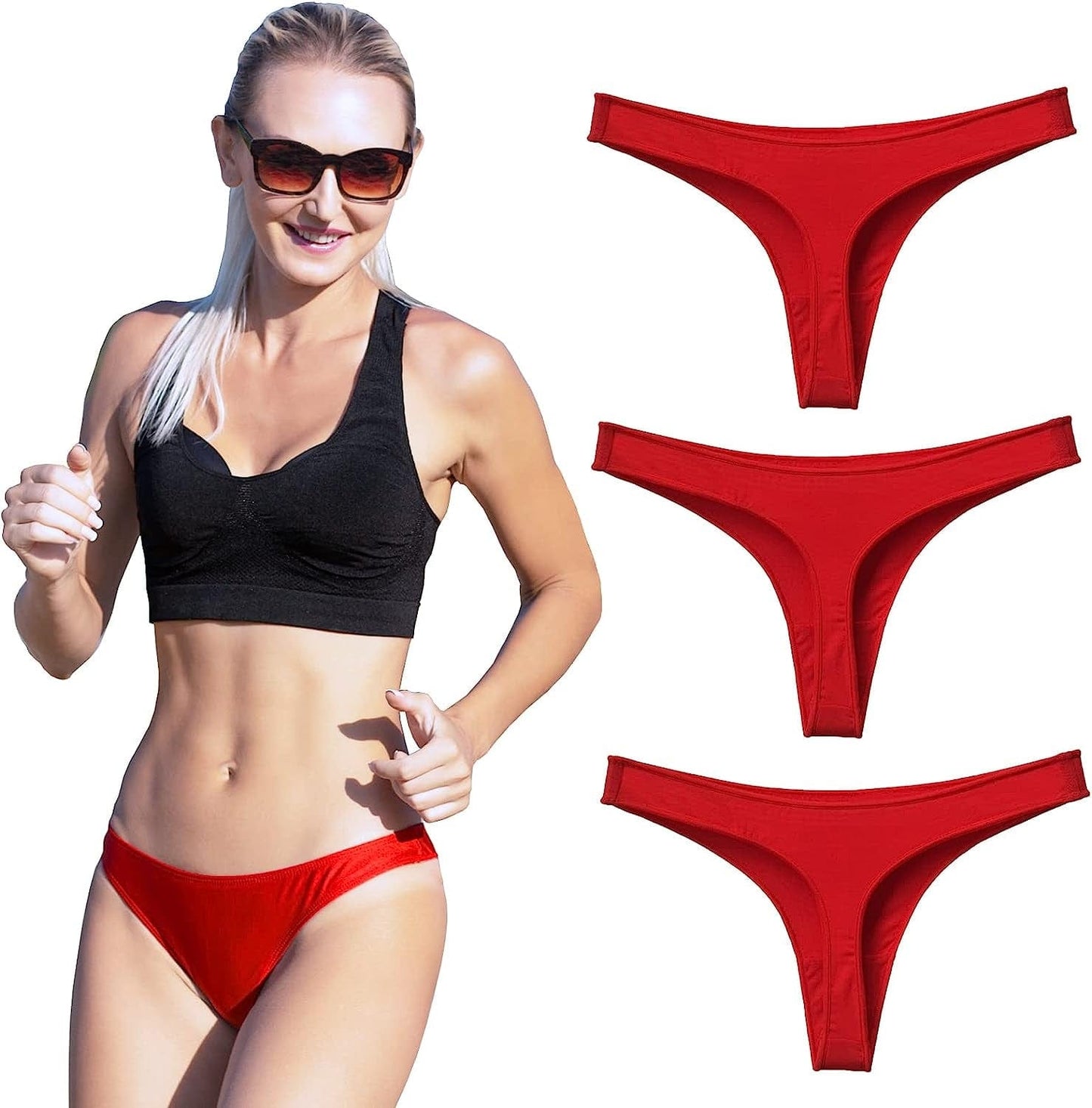 KUKU PANDA Womens Cotton Thongs Underwear Breathable No Show Cheeky Panties Tangas Sexy for Everyday Workout 3 Pack Set Red / Large