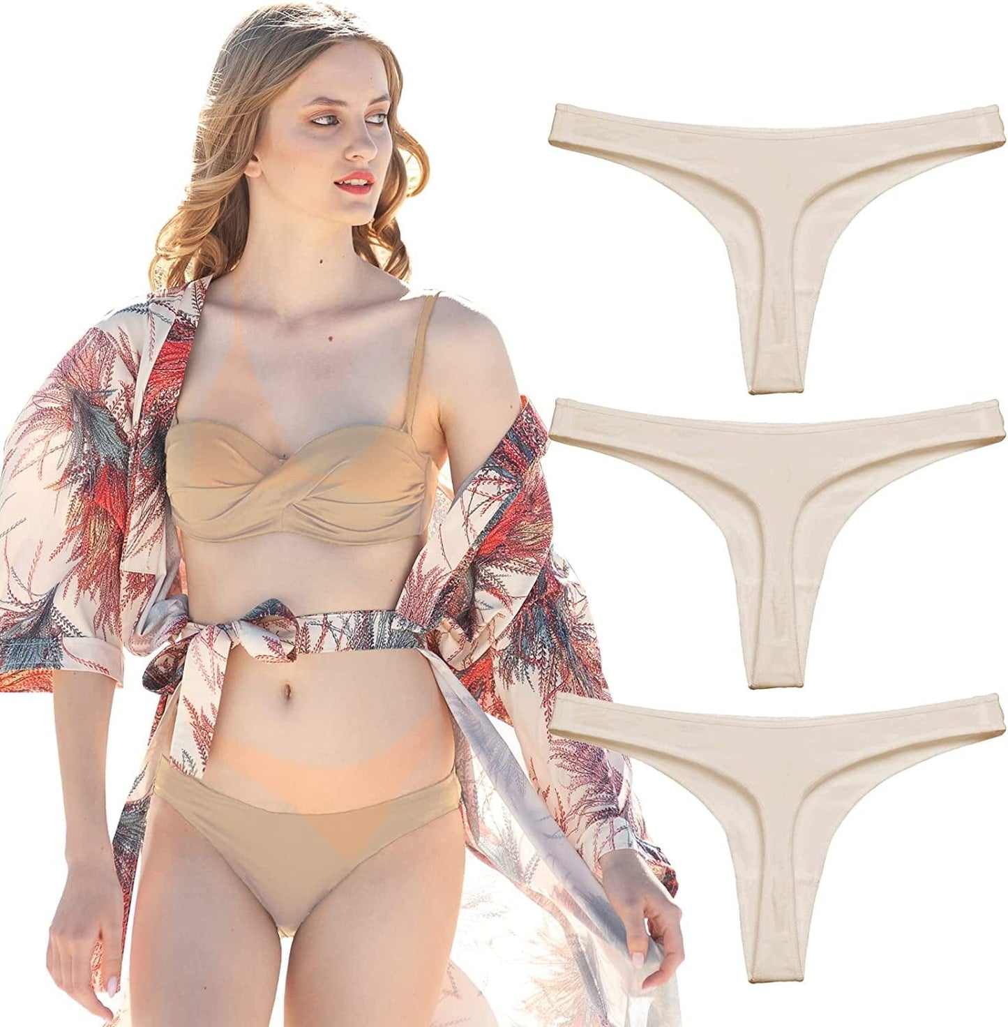 KUKU PANDA Womens Cotton Thongs Underwear Breathable No Show Cheeky Panties Tangas Sexy for Everyday Workout 3 Pack Set Nude / Medium