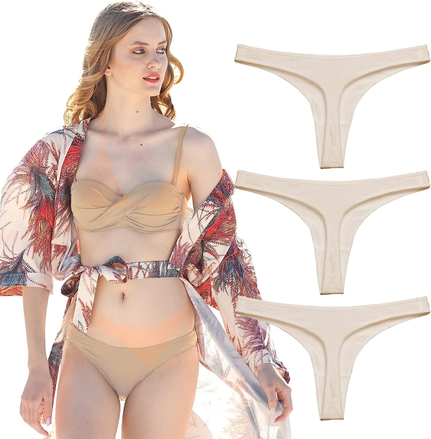 KUKU PANDA Womens Cotton Thongs Underwear Breathable No Show Cheeky Panties Tangas Sexy for Everyday Workout 3 Pack Set Nude / X-Small