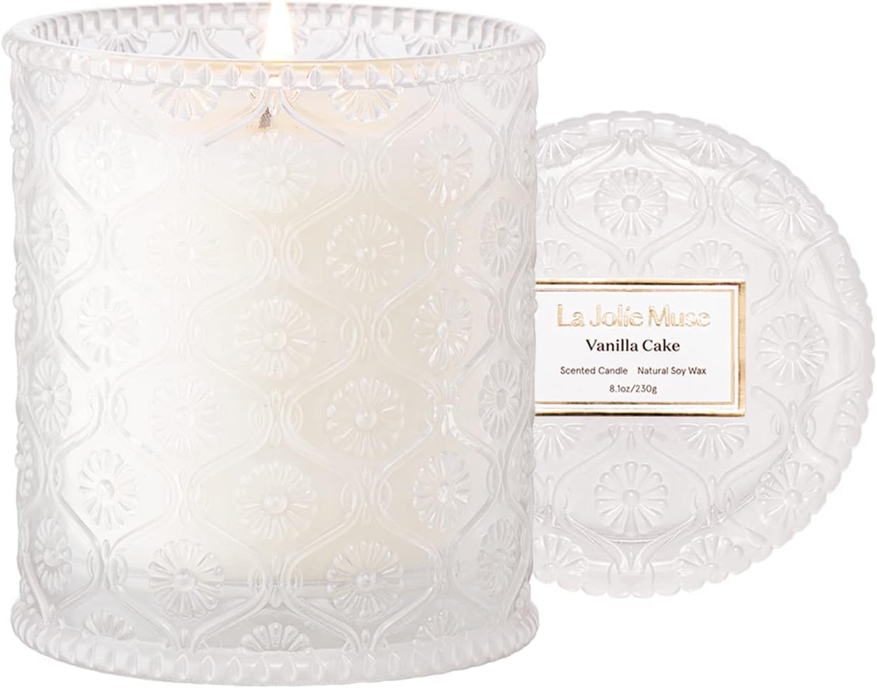 LA JOLIE MUSE Sandalwood & Patchouli Scented Candle, Candles for Home Scented, 8 Oz 50 Hours Burn, Candles Gift for Women & Men Vanilla Cake / Pack 1
