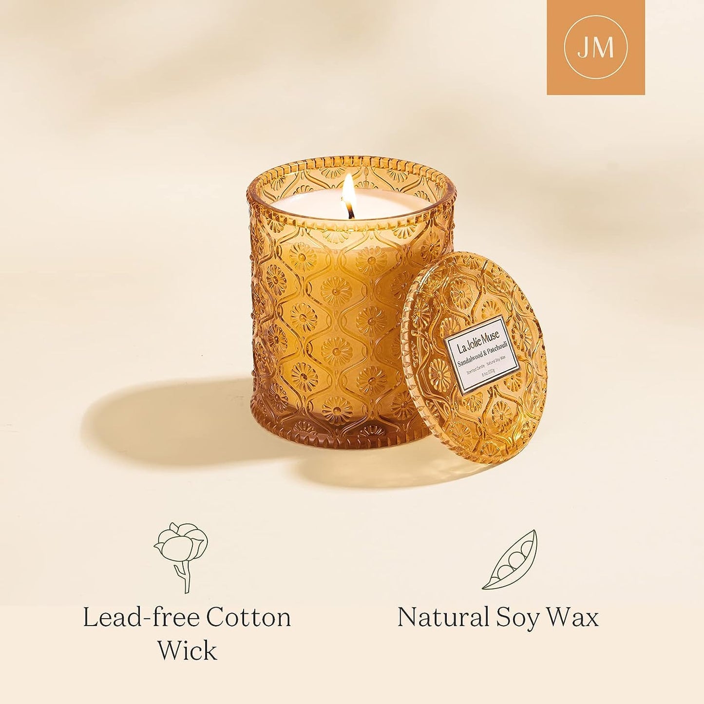 LA JOLIE MUSE Sandalwood & Patchouli Scented Candle, Candles for Home Scented, 8 Oz 50 Hours Burn, Candles Gift for Women & Men
