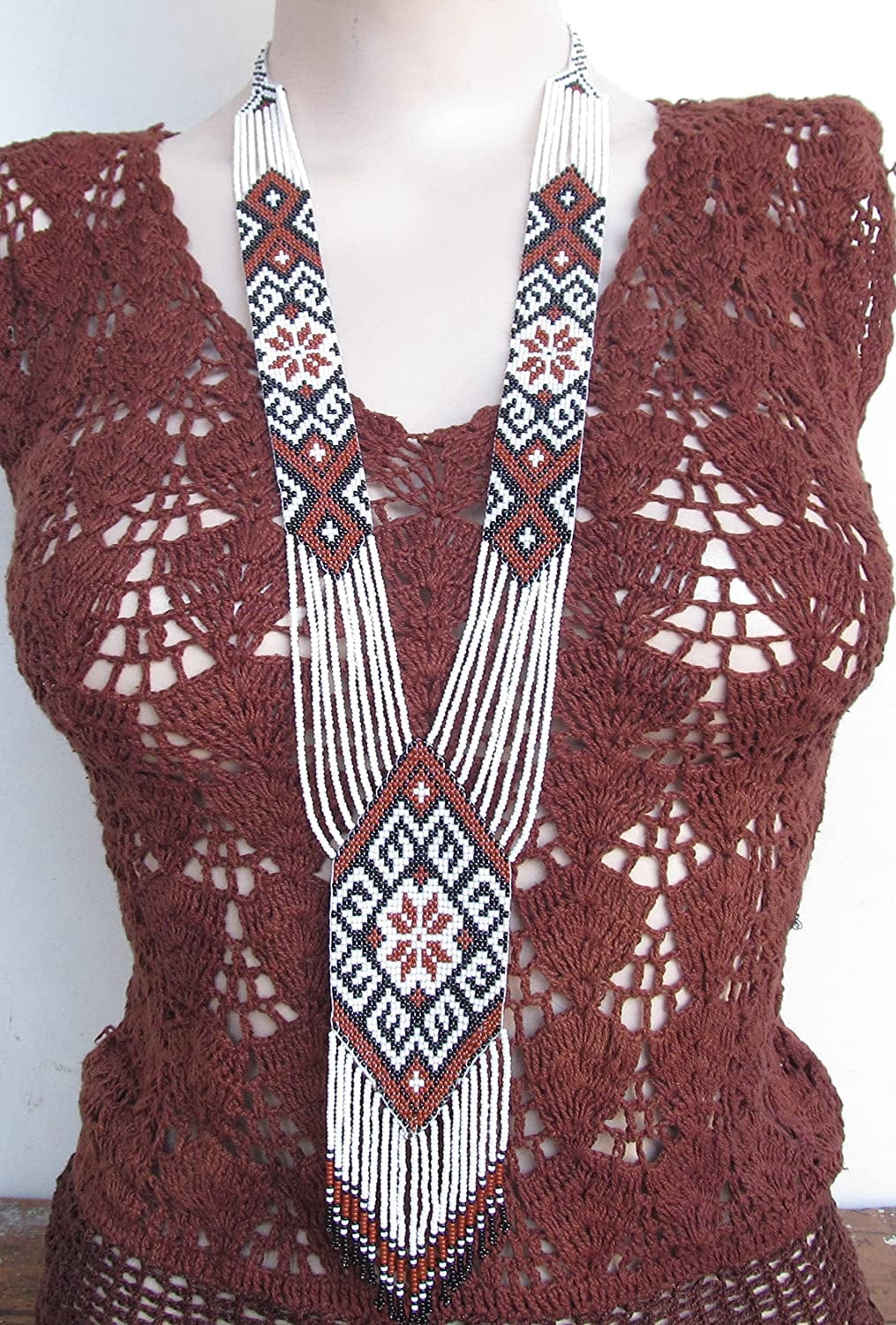 La Vivia HANDMADE FASHION JEWELRY NEW NATIVE STYLE INSPIRED LONG WHITE BROWN SEED BEADED LONG NECKLACE EARRING SET S58/7