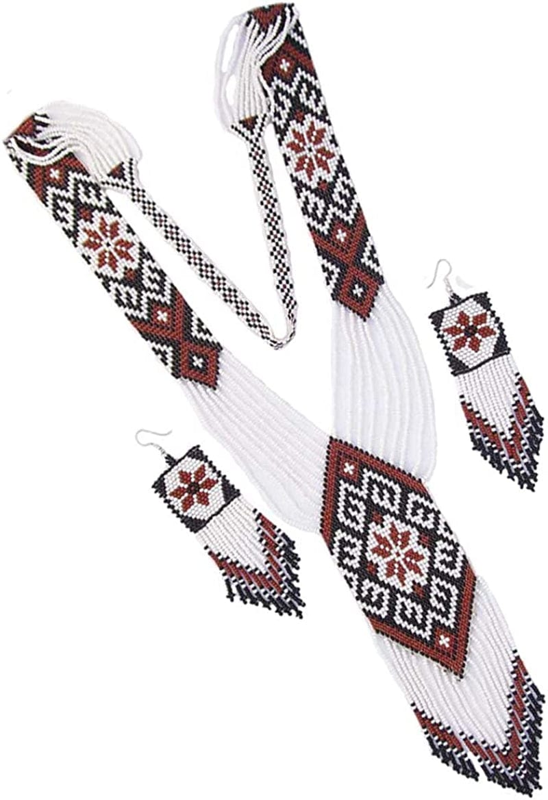 La Vivia HANDMADE FASHION JEWELRY NEW NATIVE STYLE INSPIRED LONG WHITE BROWN SEED BEADED LONG NECKLACE EARRING SET S58/7