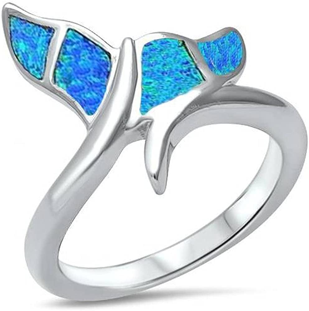 Lab Created Blue Opal Whale Tail .925 Sterling Silver Ring Sizes 5-10 5