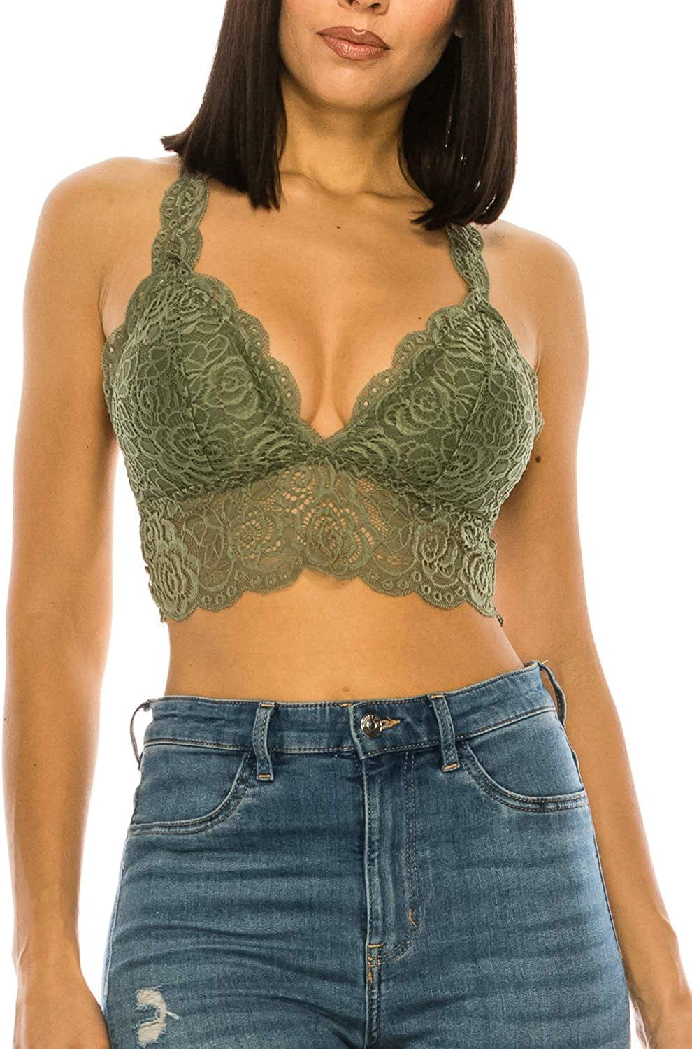 Lace Bra Top for Women with Floral Design Padded Bralette Plunge Wireless Longline Bra Green / Small