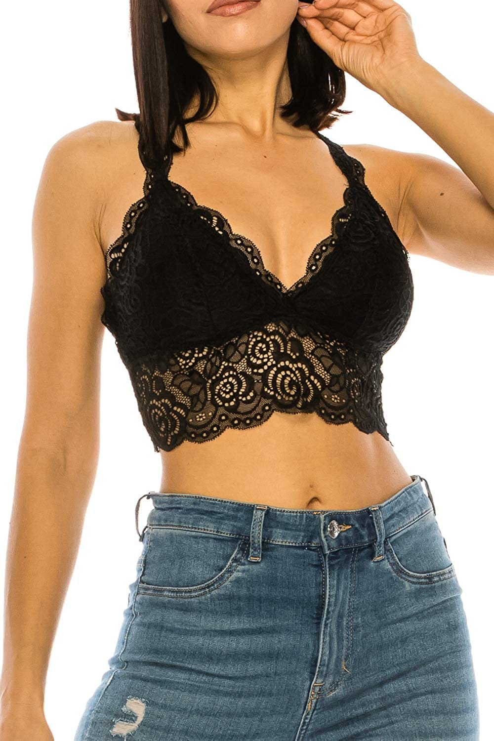 Lace Bra Top for Women with Floral Design Padded Bralette Plunge Wireless Longline Bra Black / Small