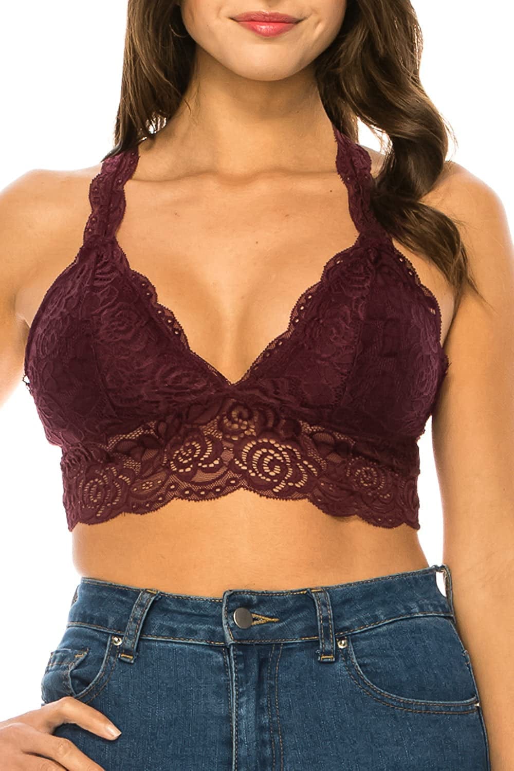 Lace Bra Top for Women with Floral Design Padded Bralette Plunge Wireless Longline Bra Burgundy / Large