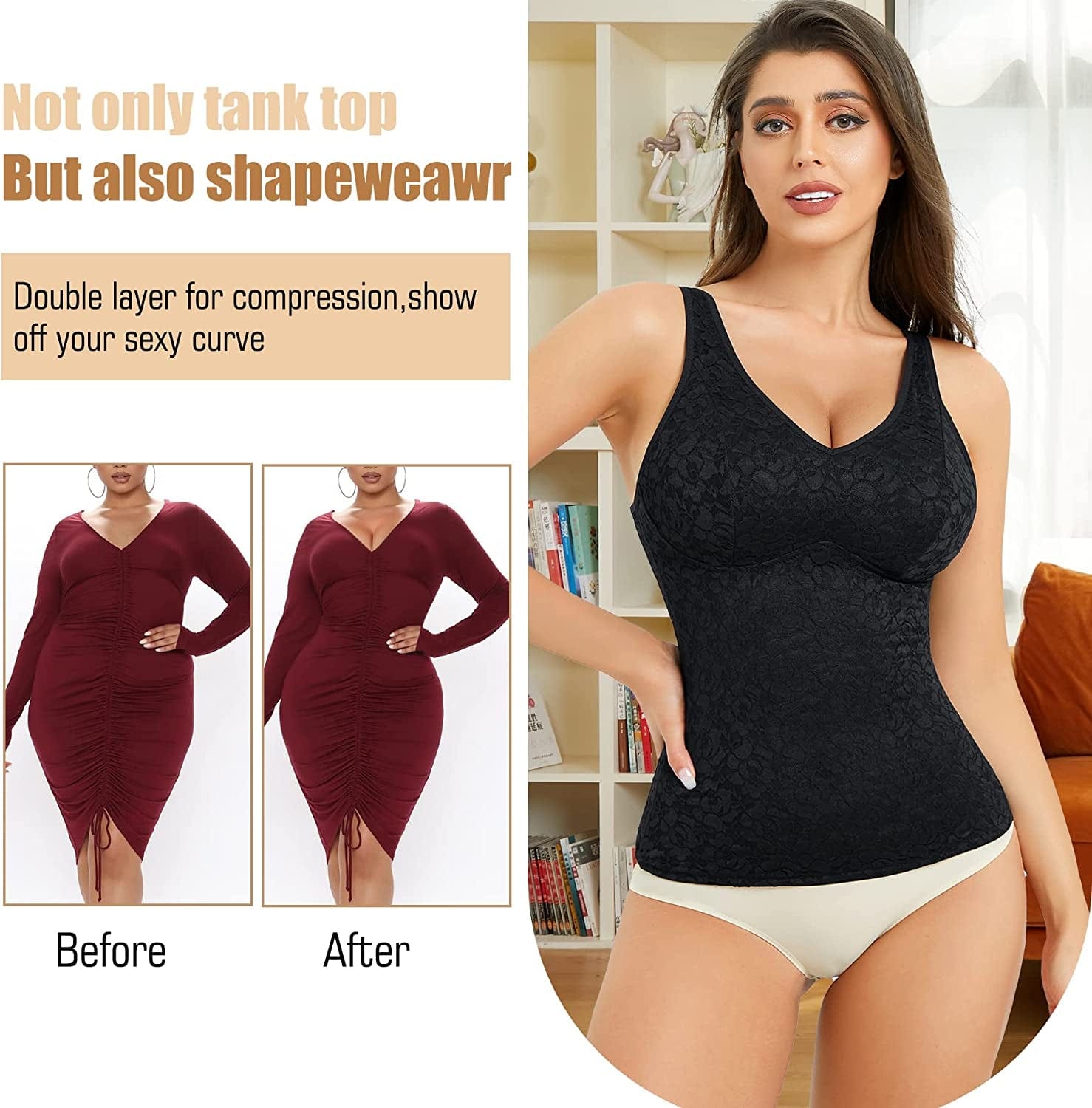 Lace Shapewear Tank Tops for Women Built in Bra V Neck Tummy Control Camisoles Compression Tops Cami Shaper