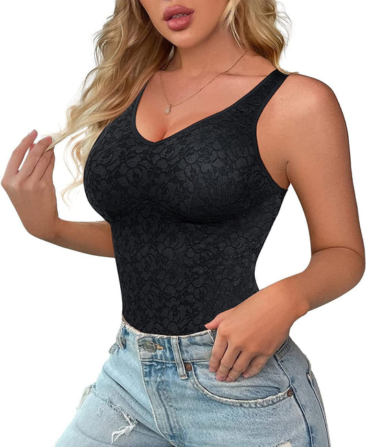 Lace Shapewear Tank Tops for Women Built in Bra V Neck Tummy Control Camisoles Compression Tops Cami Shaper Black / Medium
